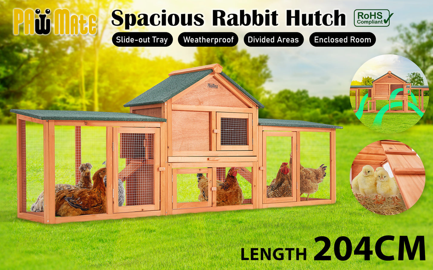 Paw Mate 204 x 45 x 85cm Rabbit Hutch Chicken Coop 2 Storey Large Cage Run