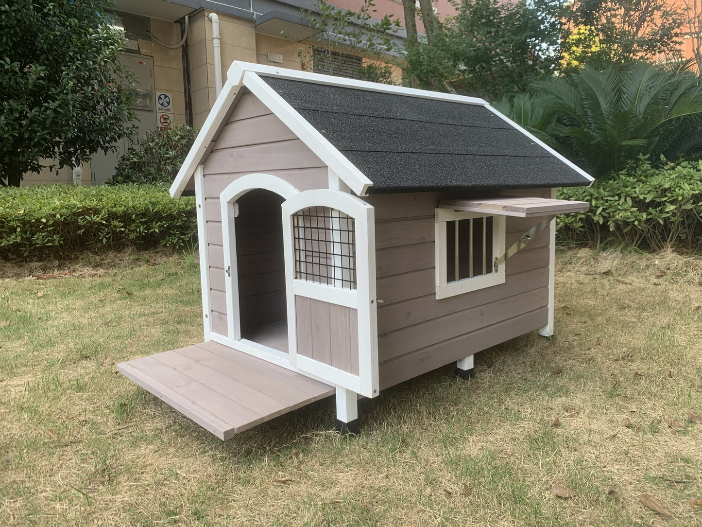 YES4PETS L Timber Pet Dog Kennel House Puppy Wooden Timber Cabin With Stripe Grey