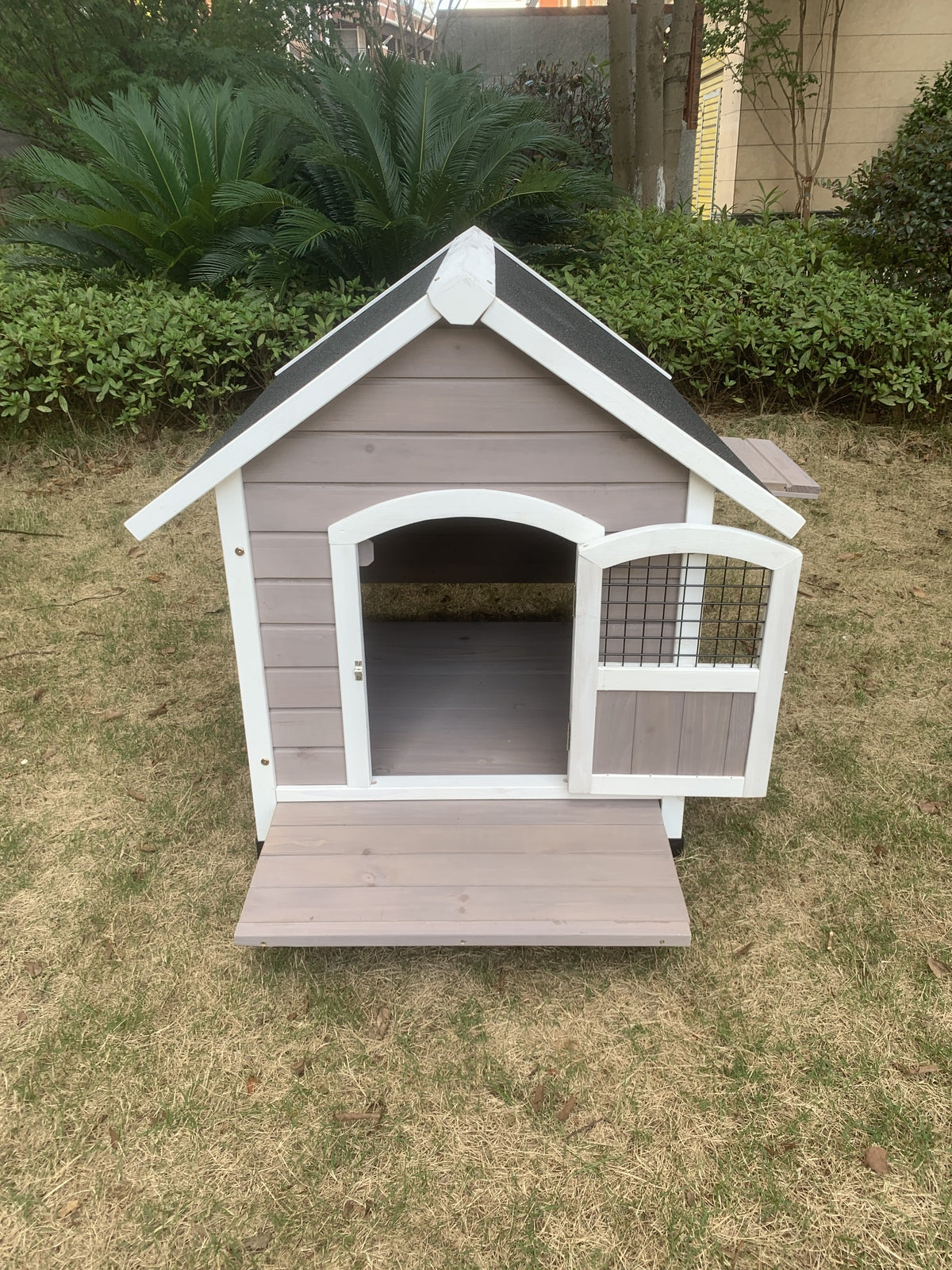 YES4PETS L Timber Pet Dog Kennel House Puppy Wooden Timber Cabin With Stripe Grey