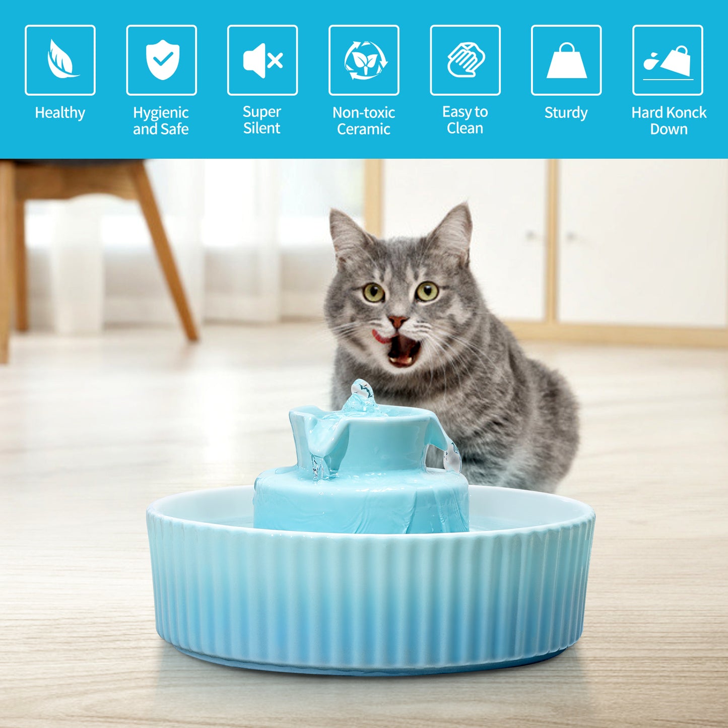 YES4PETS Blue Ceramic Electric Pet Water Fountain Dog Cat Water Feeder Bowl Dispenser