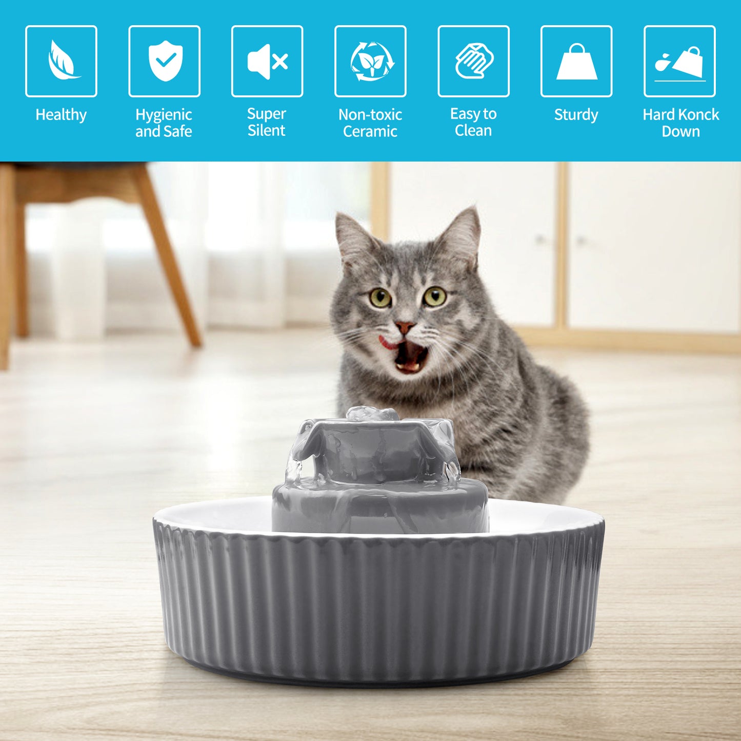 YES4PETS Grey Ceramic Electric Pet Water Fountain Dog Cat Water Feeder Bowl Dispenser