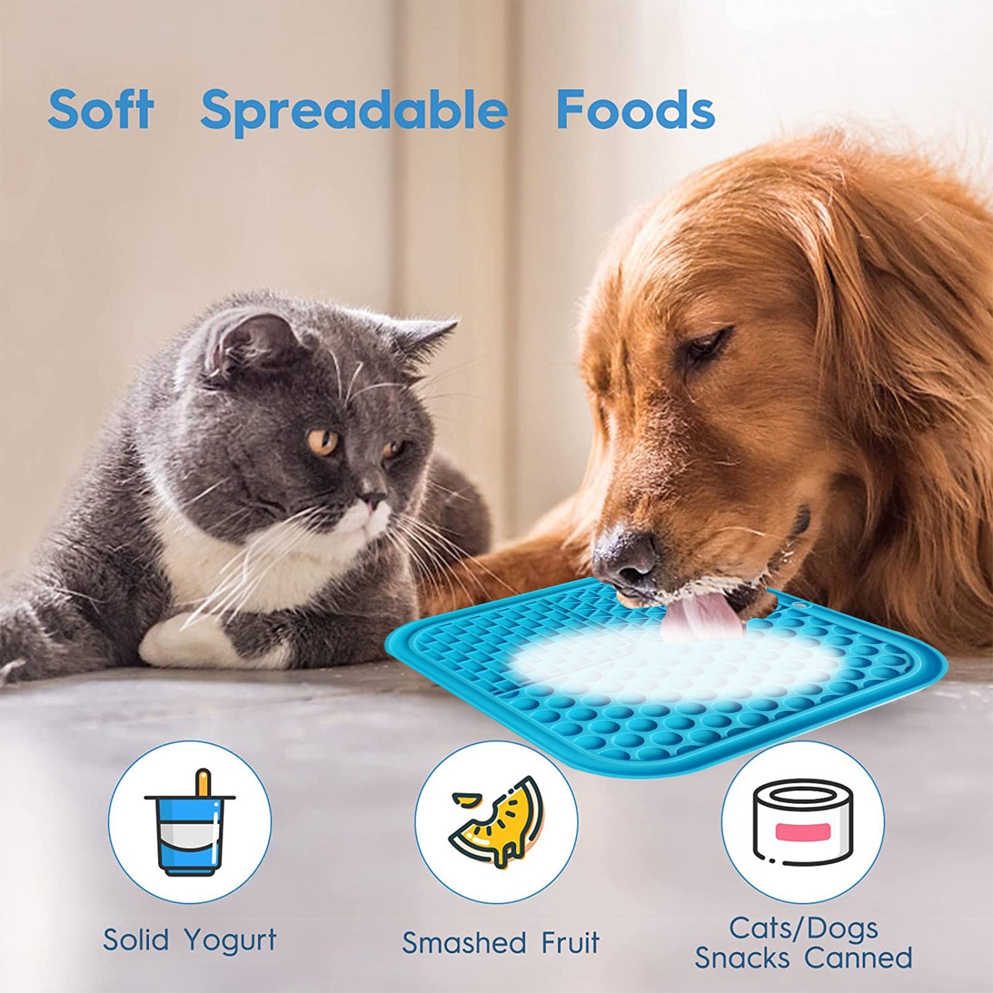 Pawfriends 3in1 Silicone Pet Lick Mat Cat Puppy Dog Slow Feeder Grooming Helper Mat Blue